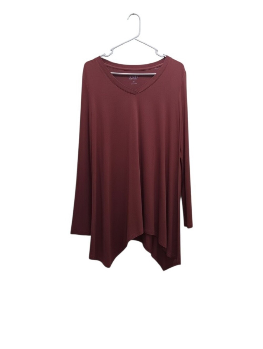 Logo Layers Brick Red Tunic Top V Neck Long Sleeve Asymmetrical Hem Stretch Sz M